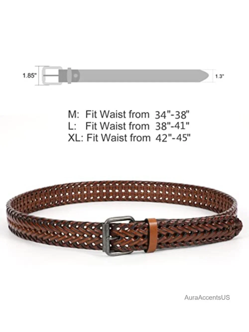 Men's Leather Braided Belt 1.3 Inch Wide Prong Buckle Woven